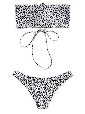 NWT ZAFUL Black White Dalmatian Print Back Lace-Up Bandeau Bikini Set Swim M 6